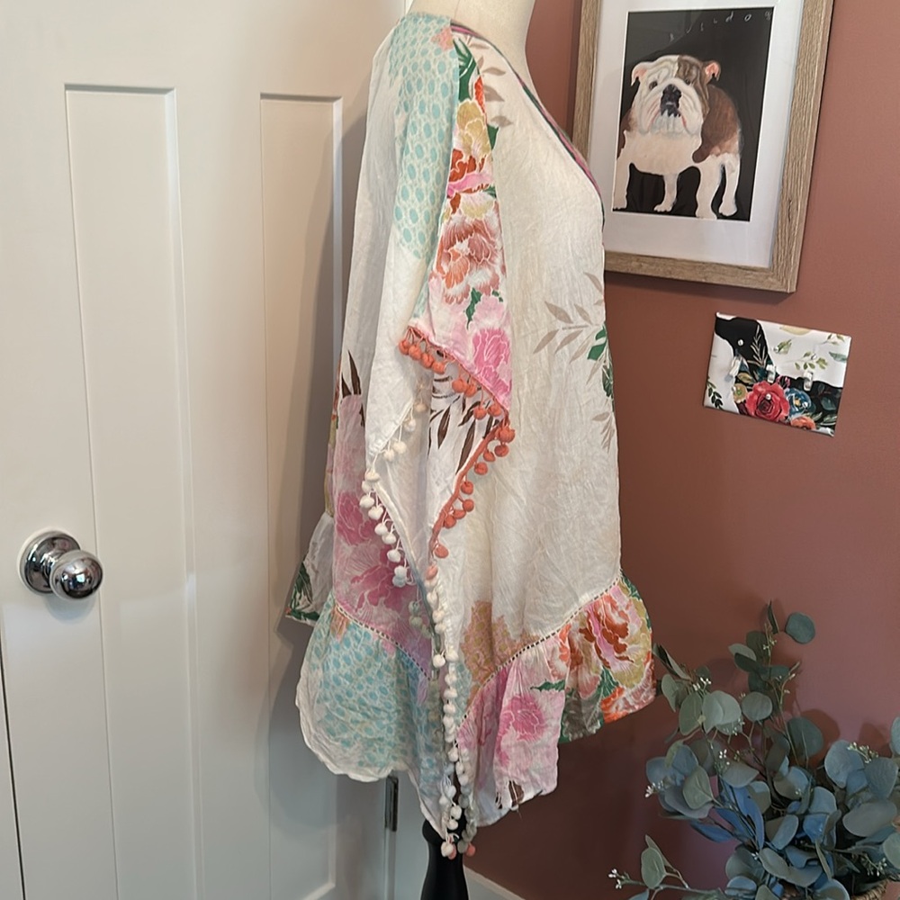 Z&L Floral Print Pom Poms cotton tassel drop waist lace up OS Kaftan Cover-Up - Picture 8 of 16